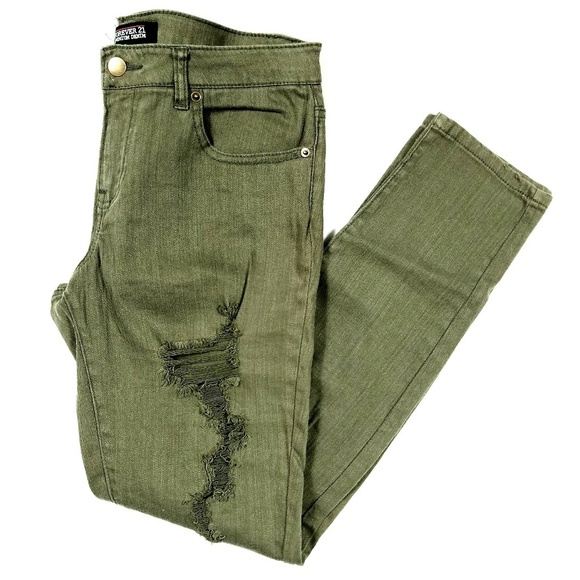 Forever 21 Denim - Forever 21 Green Ripped Skinny Jeans